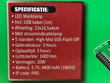 Werklamp IP 65 oplaadbaar kniekvoet 20 watt.