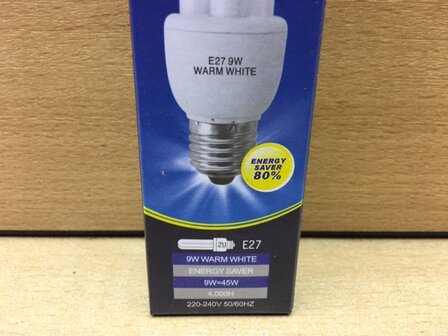 Spaarlamp 2U E27 warm wit 9 watt.