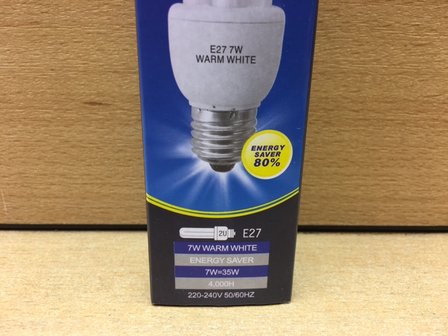 Spaarlamp 2U E27 warm wit 7 watt.