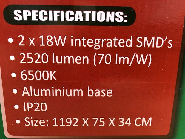 TL LED armatuur led smd 2x18 watt 120 cm.