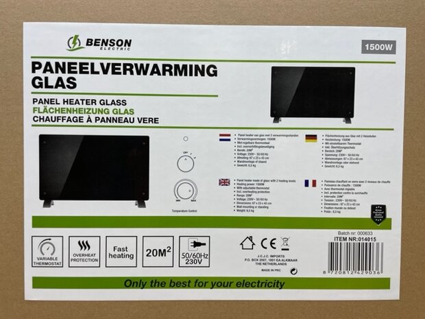 Paneelverwarming 1500 watt glas zwart.