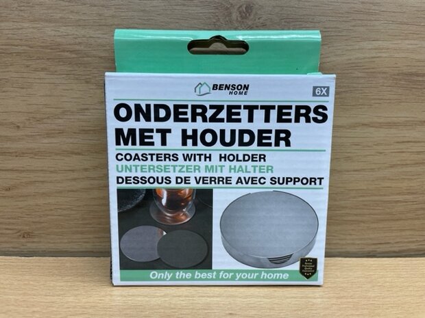 Onderzetters 6x met houder zilver.
