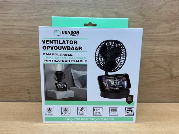 Ventilator opvouwbaar oplaadbaar zwart.