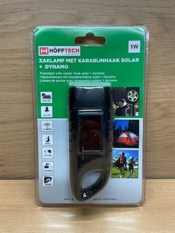 Zaklamp dynamo en solar met karabijnhaak.