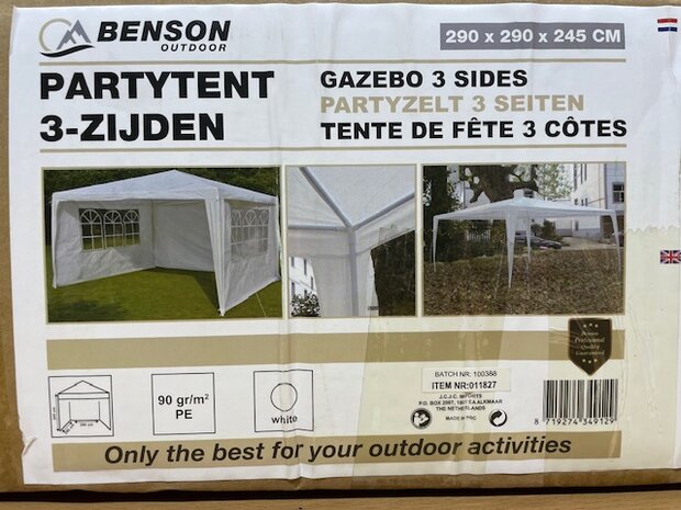 Partytent met 3 zijden 290x290x245cm.