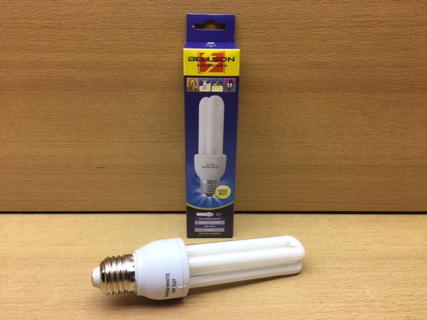 Spaarlamp 2U E27 warm wit 9 watt.