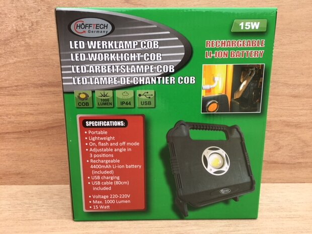 Werklamp LED COB oplaadbaar 15 watt.